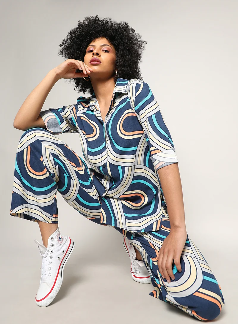 كامبوس سوترا Women's Indigo Blue Contrast Lined Co-Ord Set For Casual Wear | Spread Collar | Regular Sleeves | Button Closure | Co-Ords Crafted With Comfort Fit For Everyday Wear